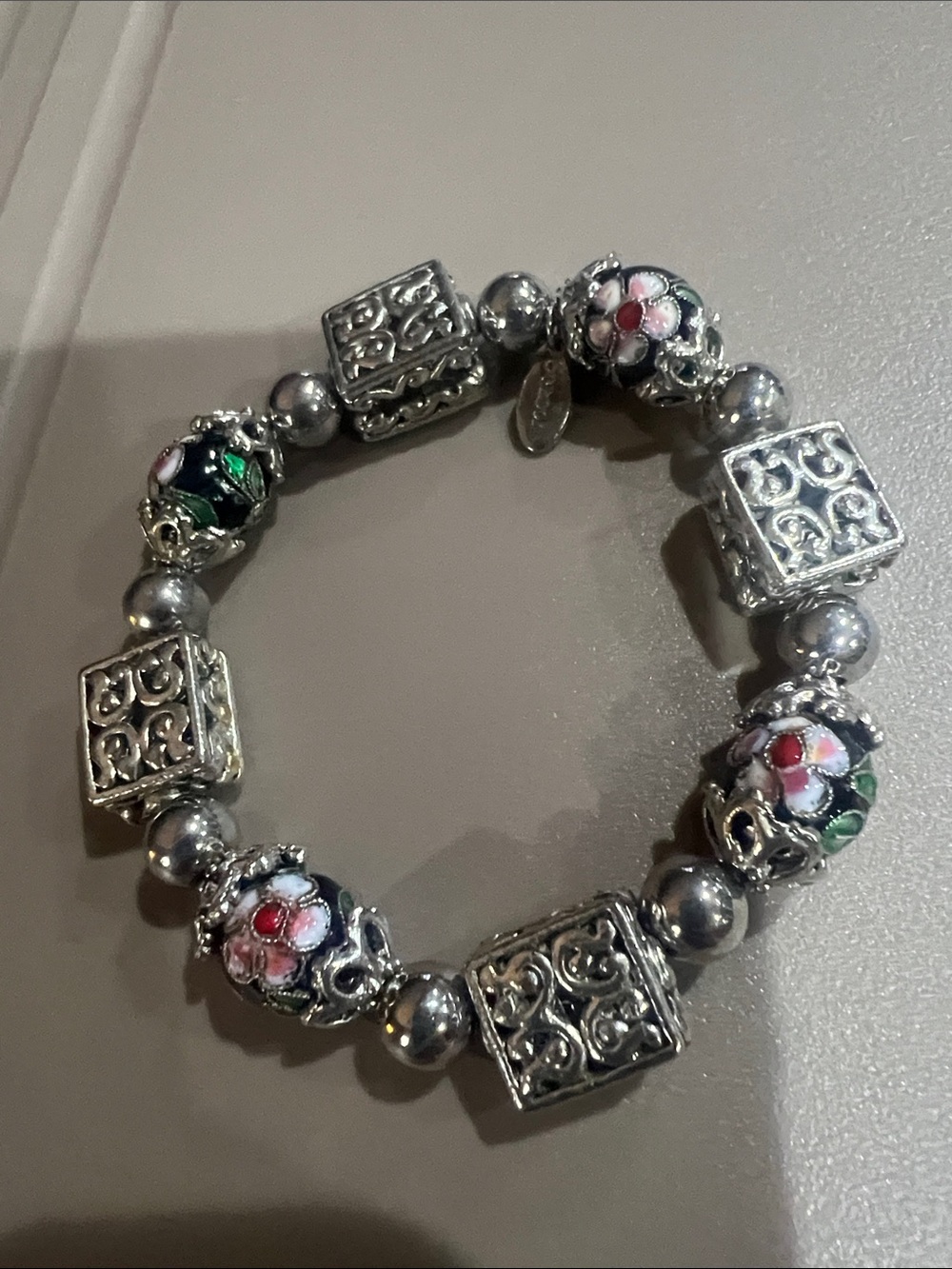 SEASONS Silver-tone Floral Cloisonné Bead Stretch Bracelet - Size 7